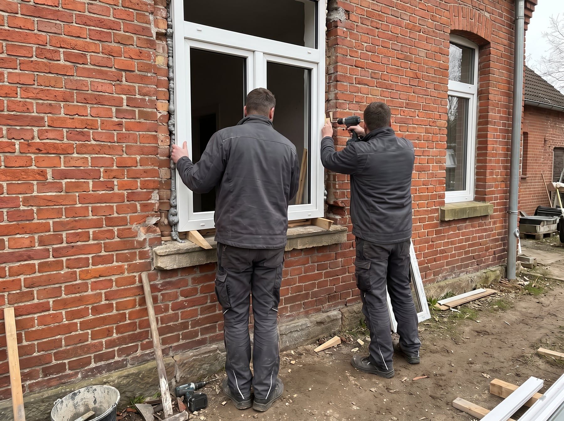 KI-Bild: Zwei Handwerker setzen im Erdgeschoss ein neues weißes Fenster in eine Klinkerfassade ein