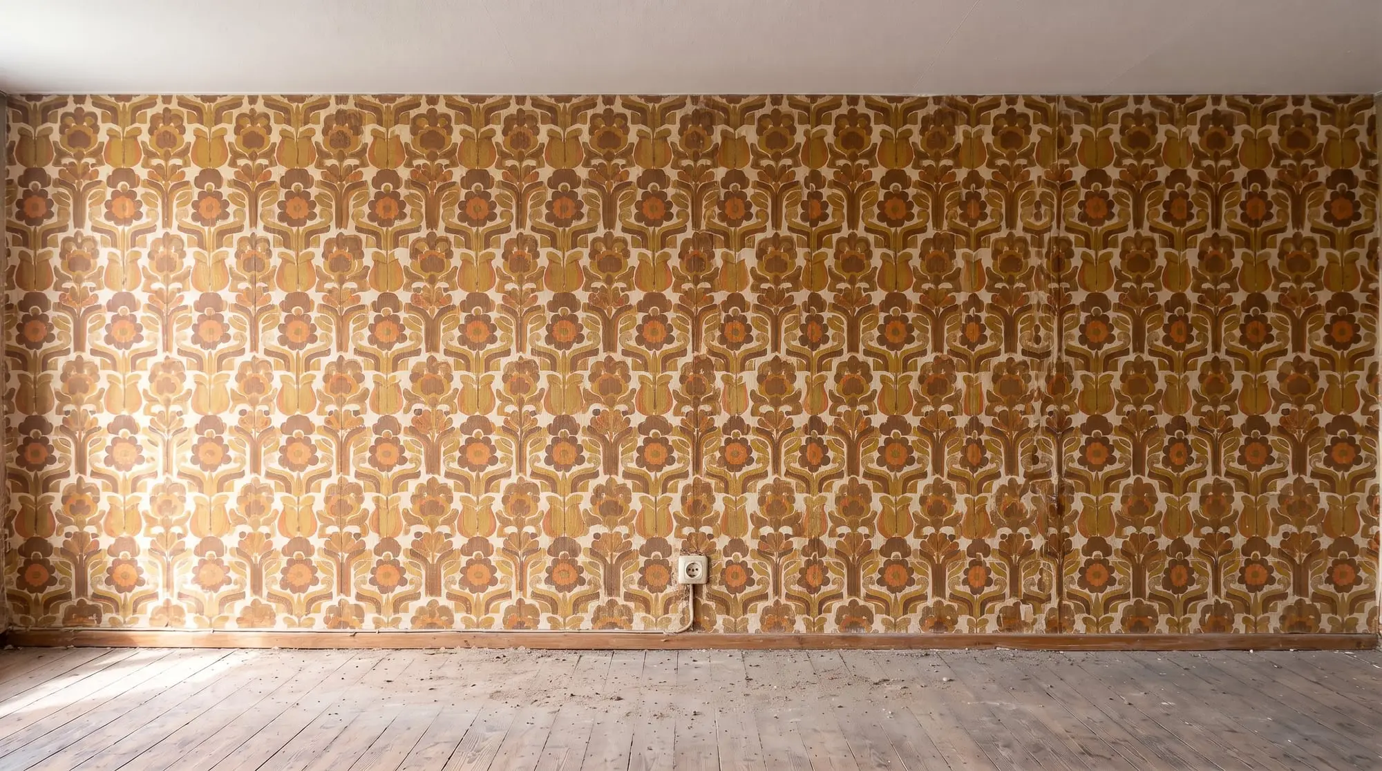 KI-Bild: Altbauwand mit alter Blumentapete, alter Aufputz-Steckdose und schmaler Holzfußleiste