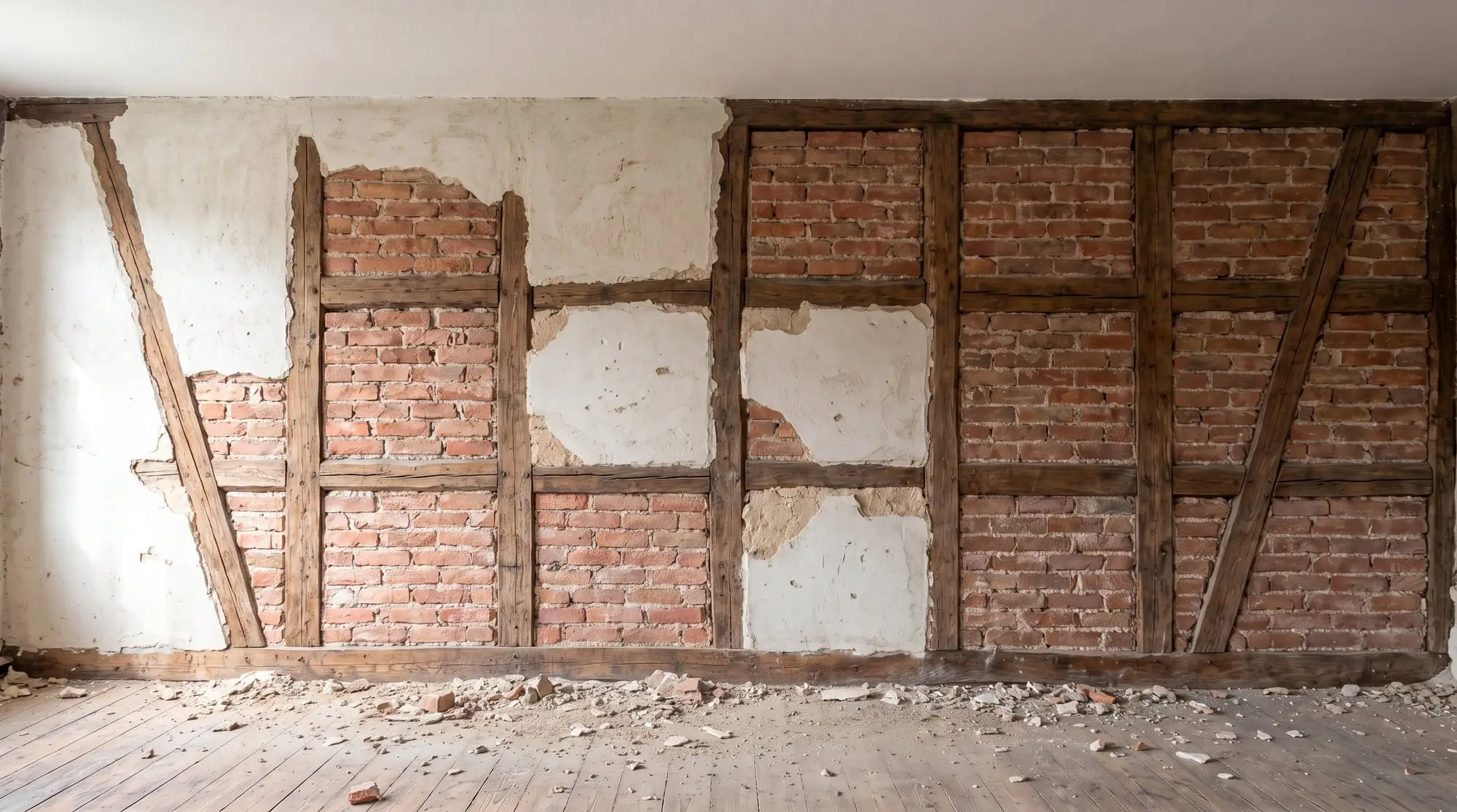 KI-Bild: Dieselbe Wand ohne Tapete, der Putz ist teilweise abgeschlagen, darunter Fachwerk und Ziegel, Putzbrocken auf dem Boden