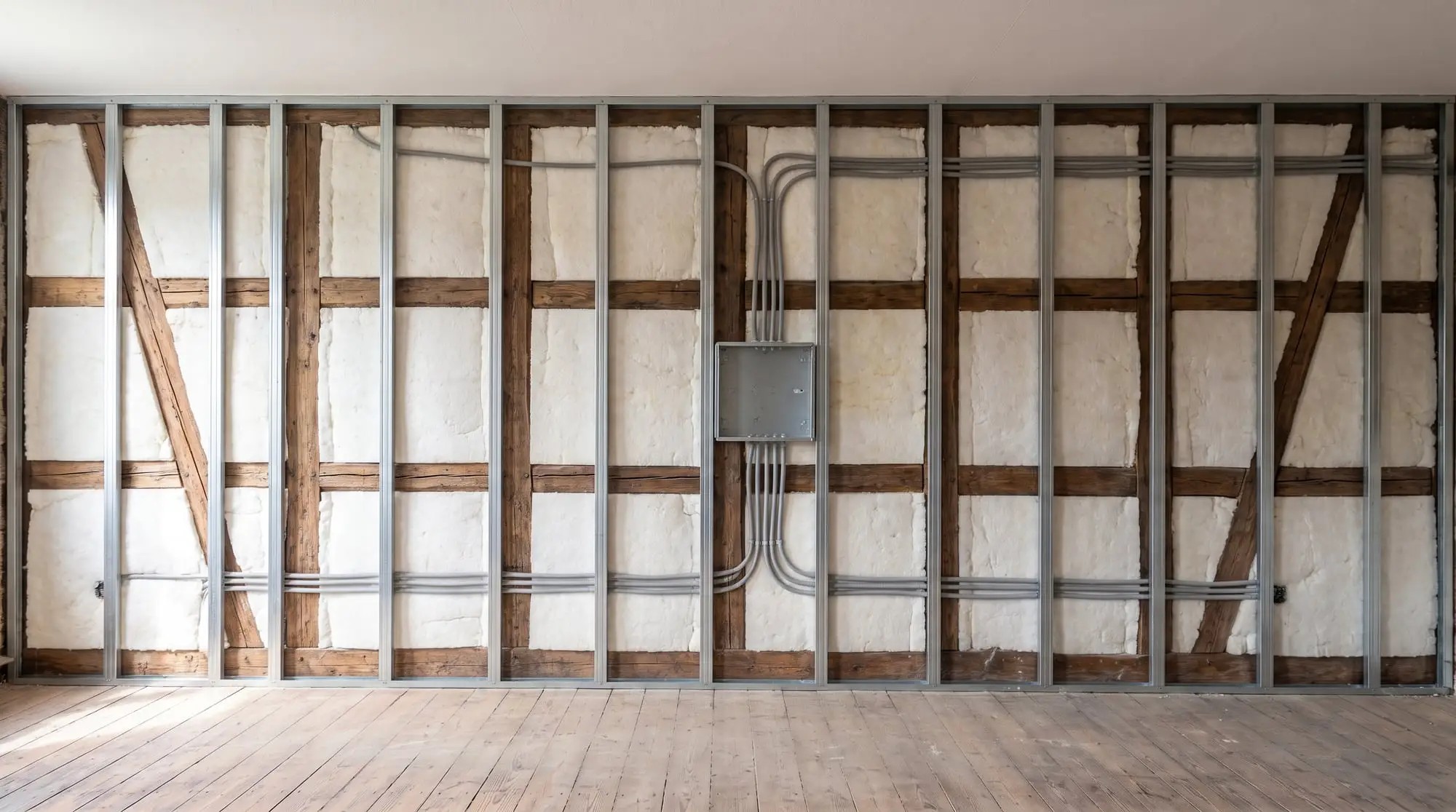 KI-Bild: Dieselbe Wand mit Metallständern vor dem Fachwerk, Dämmung, neuen Leerrohren und Abzweigkasten